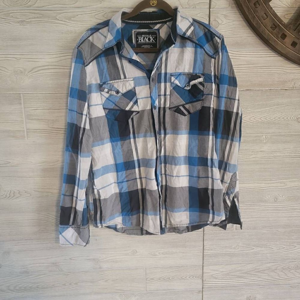BUCKLE Black Plaid Button Down Mens SZ M Logo Designer